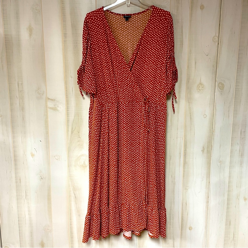 Torrid Orange Pink Polka Dot Faux Wrap Short Sleeve Midi Dress Pockets Sz 4 (4X)